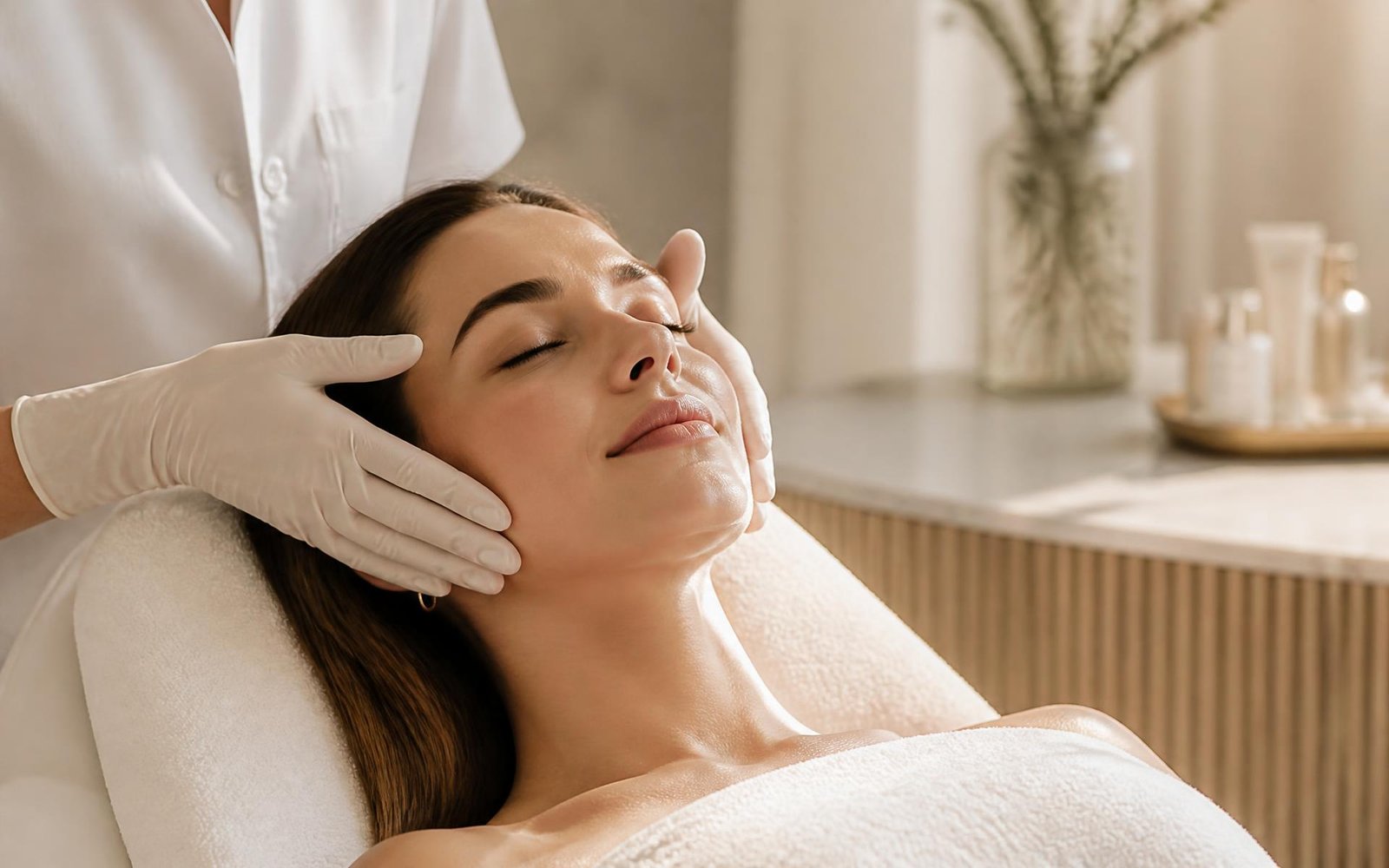 Mulher recebendo tratamento facial em clínica de estética